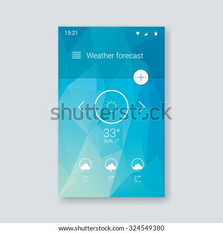 Weather forecast ui for smartphone app. Mobile user interface template with line icons on low poly background. Eps10 vector illustration.