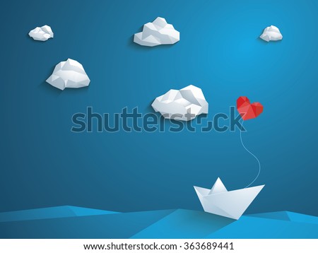 Valentine's day card design template. Low poly paper boat with heart shaped balloon sailing over the waves. Blue sky and polygonal clouds. Eps10 vector illustration.