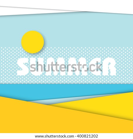 Summer beach landscape illustration in modern material design style. Sandy beach with ocean in the background and sun with clouds in the sky. Eps10 vector illustration.