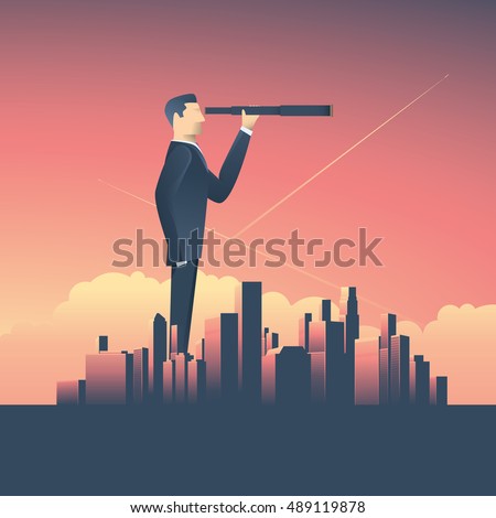 Vision concept in business with vector icon of businessman and telescope, monocular with corporate skyline cityscape background. Symbol leadership, strategy, mission, objectives. Eps10 vector.