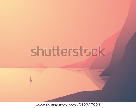 Ocean coast vector illustration with sea view and high rock cliffs. Sailboat or yacht on the water. Nature outdoor background. Eps10 vector illustration.