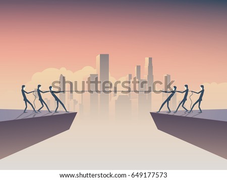 Business tug of war vector symbol with businessman pulling rope as a symbol of business competition. Corporate skyline, cityscape background. Eps10 vector illustration. 商業照片 © 
