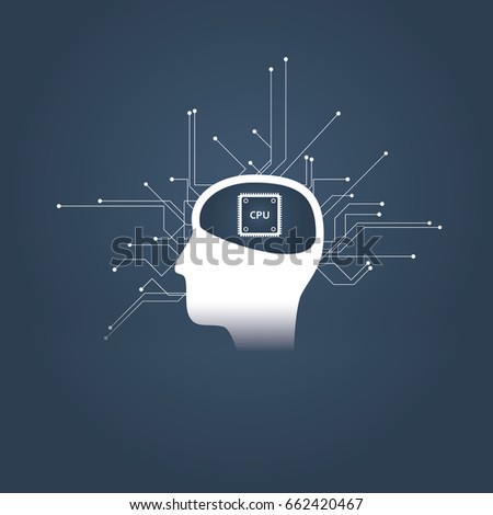 Artificial intelligence or ai concept with human or android head and cpu instead of brain. Future technology symbol of robotization and automatization. Eps10 vector illustration.