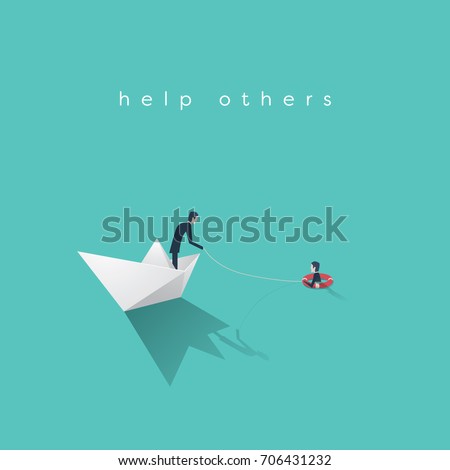 Business help vector concept. Bankruptcy, government bailout symbol with businessman on paper boat and drowning man in life preserver. Eps10 vector illustration.