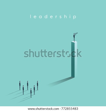 Business leadership concept with businessman standing on high position with his team, looking through telescope. Symbol of success, achievement, future. Eps10 vector illustration.