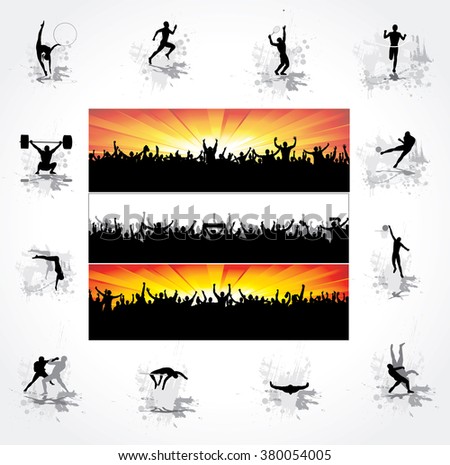 Silhouettes of athletes and posters of happy fans 