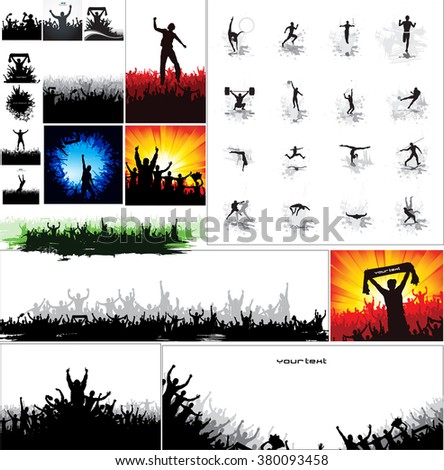 Silhouettes of athletes and posters with cheering fans
