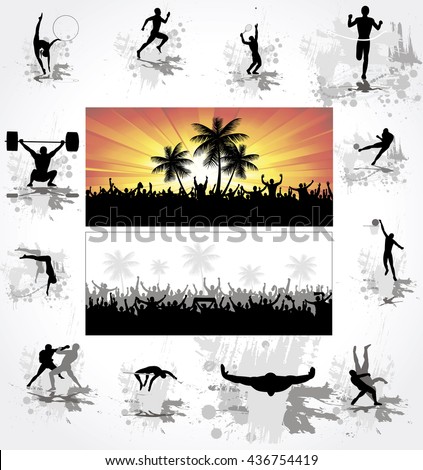 Silhouettes of athletes and posters with cheering fans 