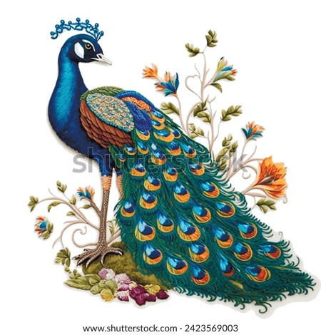 Ornamental beautiful textured peacock. Embroidery style colorful  peacock bird, flowers, leaves. Vector ornate floral background with exotic royal peacock bird. Luxury tail. Isolated design on white.