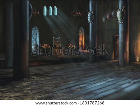 Castle. 3D illustration. Hall of the gloomy castle with a throne. Hall of the gloomy castle with a throne.