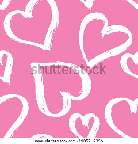 Painbrush white hearts on barbie pink background seamless pattern. Valentine`s day graphics for postcards, ads, wrapping paper