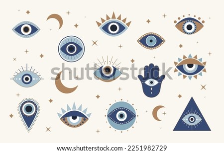 Evil eyes. Set of hand-drawn various symbol shapes. Flat design freehand bohemian minimalist vector isolated illustration. Contemporary modern boho magic celestial trendy vector art