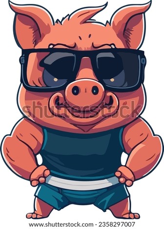 Cute but strong Pig showing off his muscles. Cartoon Anime Vector Icon Illustration. Animal Sport Icon Concept Isolated. Flat vector cartoon style
