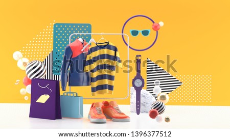 T-shirts and jackets on square rails Surrounded by shoes, watch, sun glasses and shopping bags On a yellow background.-3d rendering.