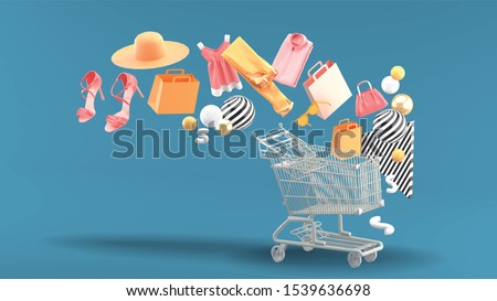 Clothes, bags, high heels, shopping bags and hats floated down to the shopping cart.

