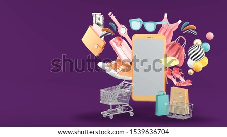 Smartphone surrounded by Shopping cart, shopping basket, shopping bag, clothes, high heel, and wallet on purple background.
