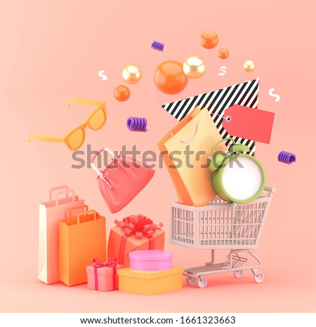 A shopping cart carrying shopping bags and clocks surrounded by shopping bags and gift boxes on a pink background.-3d rendering.