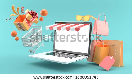 The shopping cart floating out of the online store on a blue background.-3d rendering. 商業照片 © 