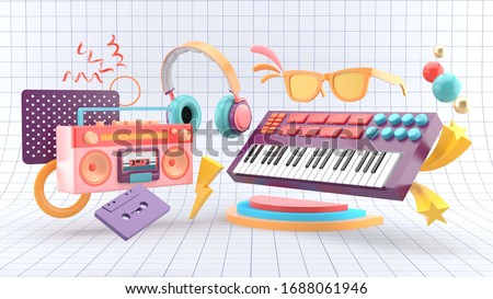 Pop music posters with piano and big boom surrounded by cassette tapes and headphones on a white table background.-3d rendering.