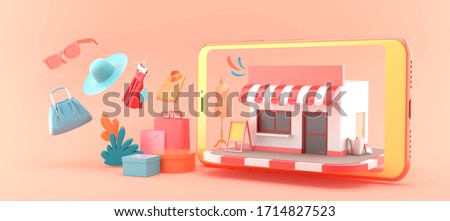 The shop online is surrounded by shopping bags and clothes on a pink background.-3d rendering.