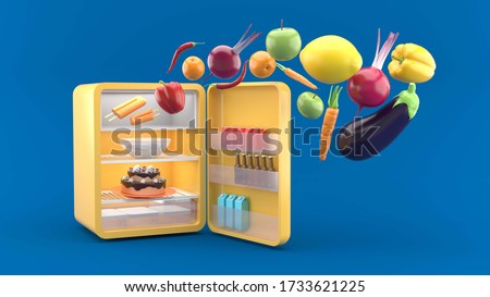 The fridge opened, with vegetables floating out. on the blue background.-3d rendering.