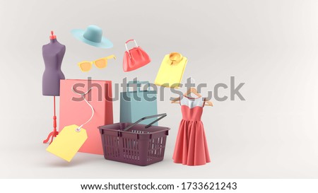 The shopping basket is surrounded by shopping bags and clothes on a gray background. - 3d rendering.