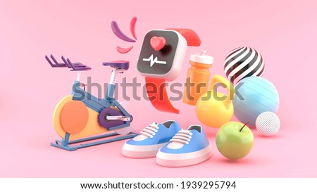 The smart watch is surrounded by fitness bikes, shoes, dumbbells, apples, exercise water bottles and balls on a pink background.-3d rendering.