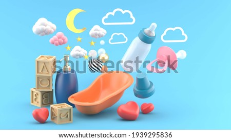 Baby bath tub Surrounded by baby bottles, wooden toys, hearts, shampoo bottles, clouds and moon on a blue background.-3d rendering.
