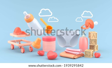 Baby diapers are surrounded by baby milk cans, shampoo bottles, wooden toys, baby bottles, strollers and clouds on a blue background.-3d rendering.