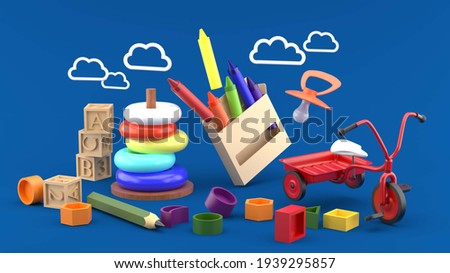 Crayons are surrounded by children's bicycles, wooden toys, pencils and clouds on a blue background.-3d rendering.