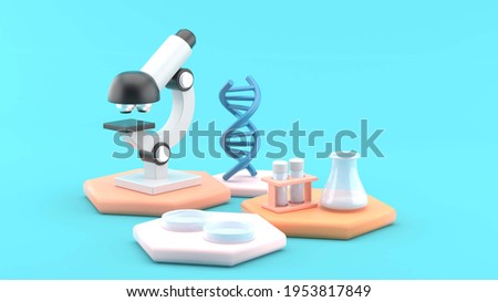 DNA surrounds microscopy and laboratory equipment on a blue background.-3d rendering.