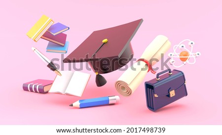 Graduate cap surrounded by graduation leaves, school bags, notebooks, stationery and atoms on pink background.Education idea for illustration.-3d rendering.