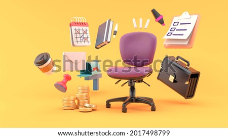 Office chair surrounded by Businessman bag, checklist, notebook, email box, money, calendar, stamp and coffee on orange background. lifestyle business ideas for illustrators.-3d rendering.