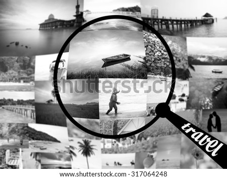 search travel location concept. blur landscape background. black and white