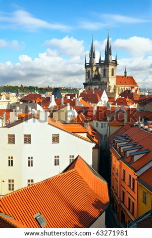 A view from the roof top to the Church of Virgin Maria Before Tyn and rooftops of Old Town in Prague, Czech republic