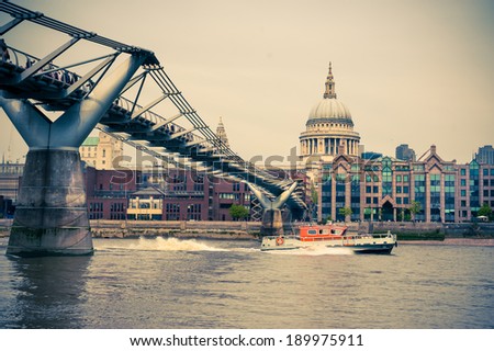 View on Millennium Bridge and St. Paul in London, tinted image