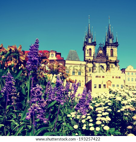 Flowers in front of Church of Our Lady before Tyn in Prague, tinted image, text space