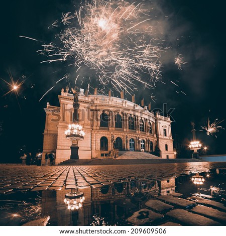 Fireworks over Opera Theater in Prague