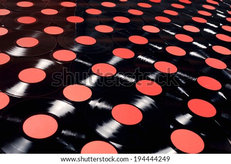 Music - Vinyl records collection, angle view. The labels can be customized, the image is suitable for background use.