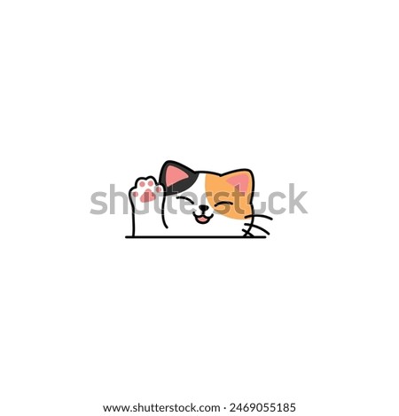 Cute calico cat waving paw cartoon, vector illustration