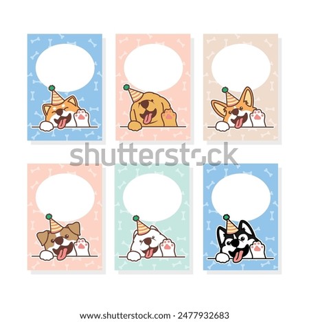 Cute dog with party hat waving paw cartoon greeting card collection, vector illustration