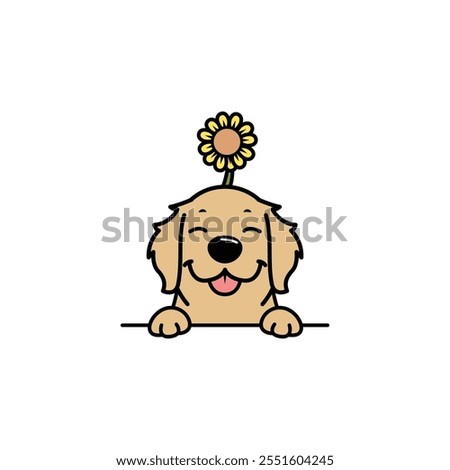 Cute golden retriever with sunflower on head cartoon, vector illustration, I drew it by myself. It was not AI-generated.