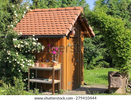 Tool shed with standpipe and rambler rose