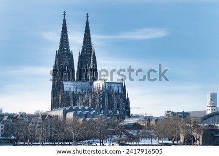 Similar – Image, Stock Photo Cologne city panorama with cathedral and crane houses at sunset