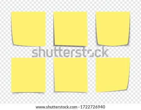 Realistic Yellow sticky note notes isolated on white. Square sticky paper reminders with shadows, paper page mock up. 