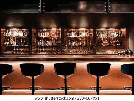 Night Bar, Night Club with high chair in front of the bartender shelf with bottles of liquors