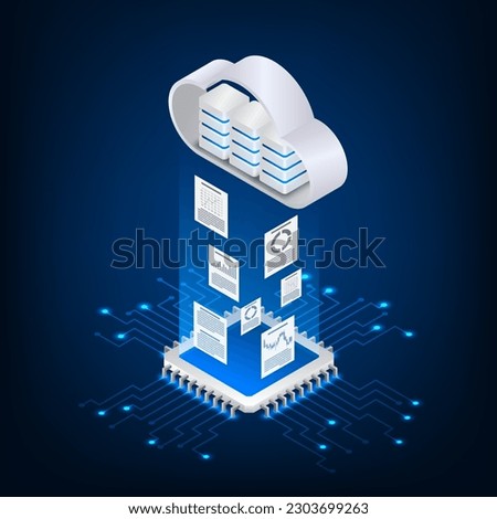 Vector isometric cloud transfer data protection cpu microchip digital and technology concept.