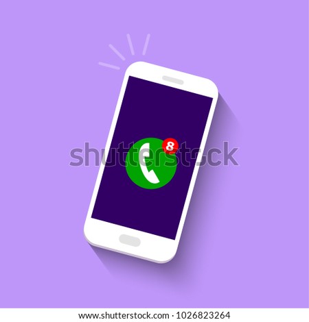 Smart phone with missed call symbol on the screen.  Vector illustration in flat style.