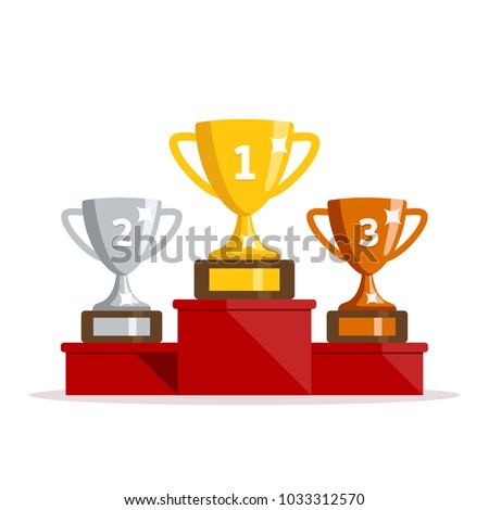 Winners podium with cups. Prizes for the Champions.  Gold, silver and bronze cups. Vector illustration in flat style.