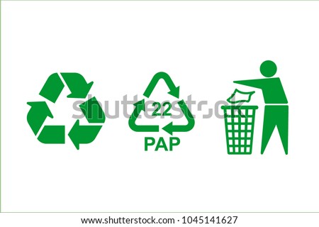The universal recycling symbol. International symbol used on packaging to remind people to dispose of it in a bin instead of littering.
Green icons isolated on white background. Vector illustration.